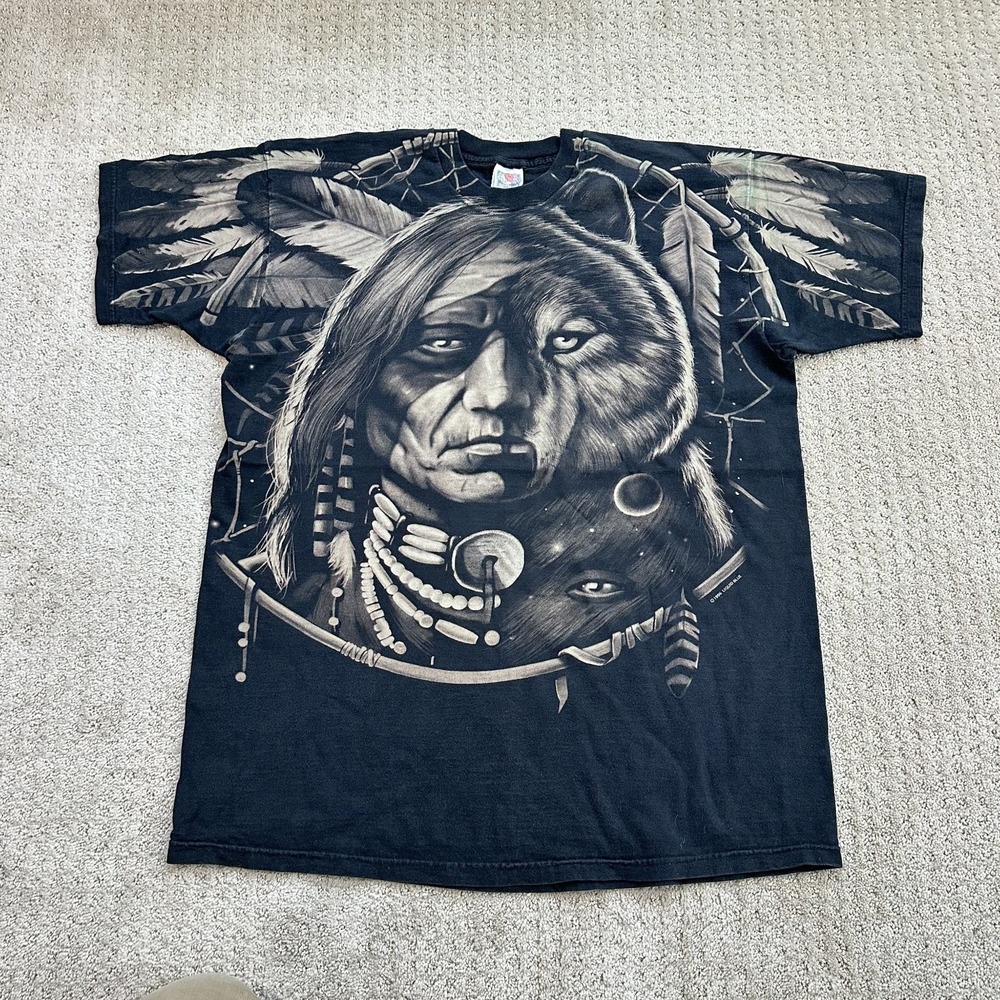 Vintage Liquid Blue T-Shirt XXL All Over Print Native Tribal Wolf 90s AOP Double